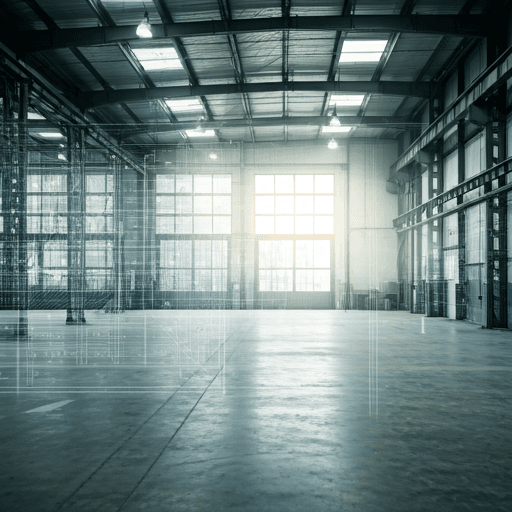 architectural blueprint overlaying a modern industrial facility